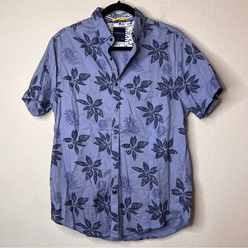 Porter & Ash Button Up Shirt 100% Cotton Medium Blue Tones Hawaiian Print EUC